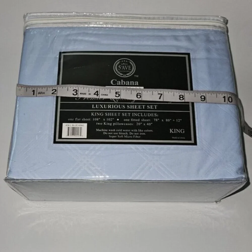 NEW Hotel 5th Ave Cabana Embossed Plaid Blue King Sheet Set Flat Fitted PCx2